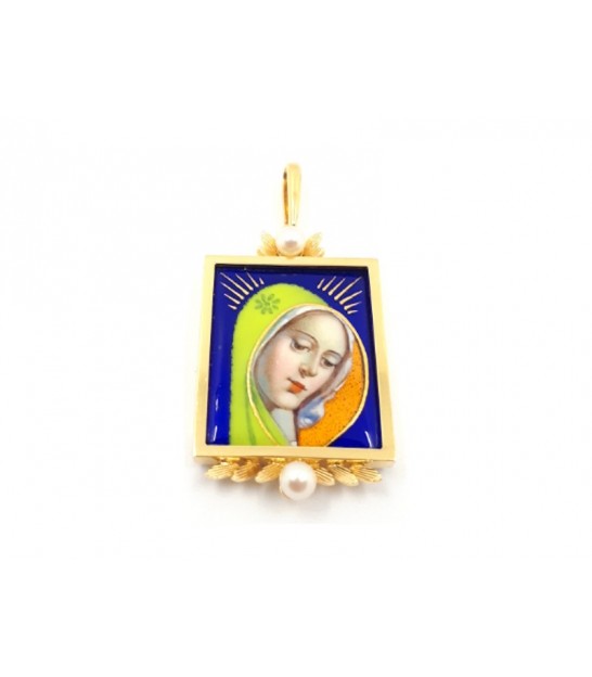 Medalla Virgen Oro 18kt Esmaltada Perlas